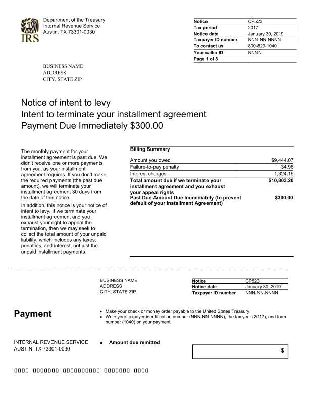 Why Is My Installment Agreement being Terminated; IRS Just Sent Me CP-523.