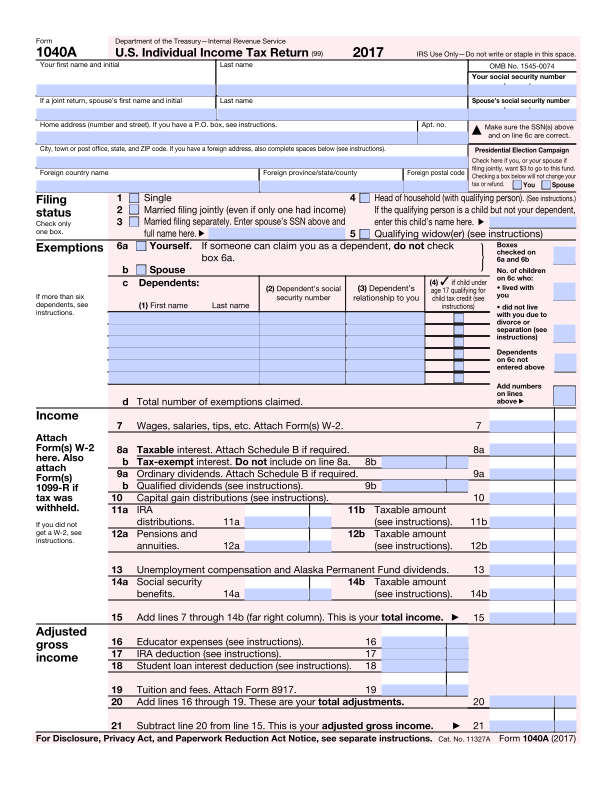 Federal Tax Form 1040A   |   1040 Example